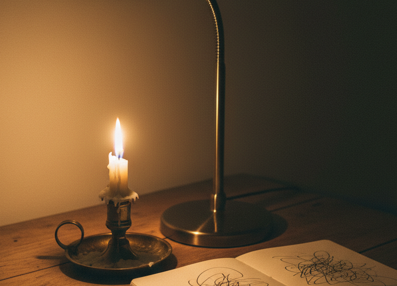 An unplugged dark desk lamp beside a single lit candle illuminating an open notebook on a wooden desk.