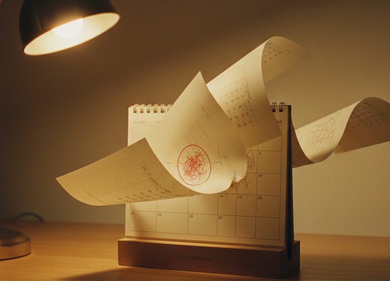A paper wall calendar caught mid page-turn.