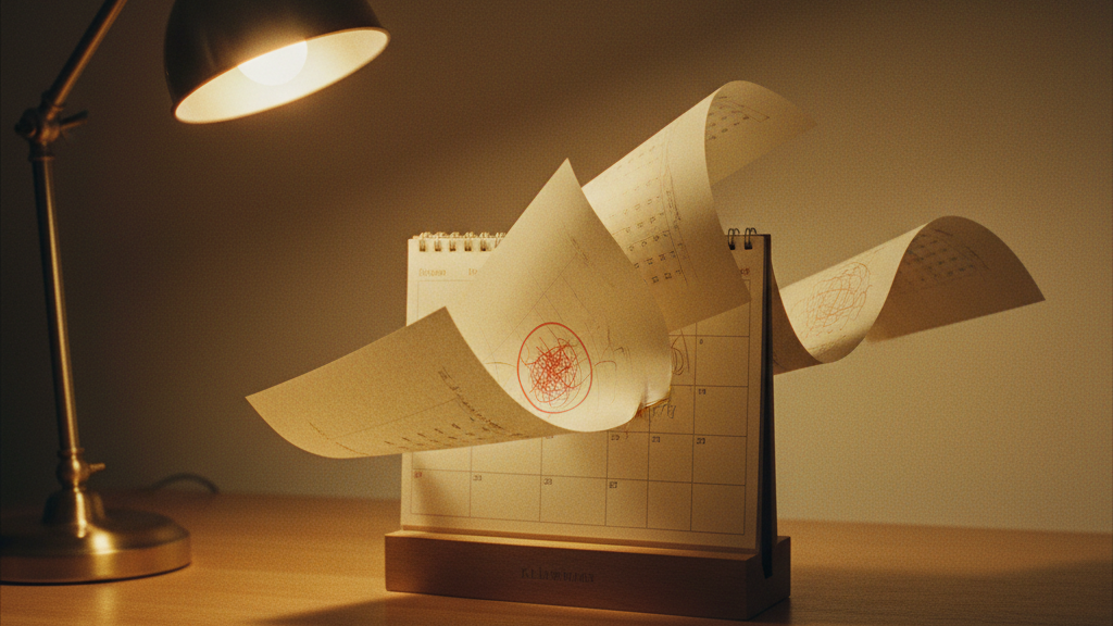 A paper wall calendar caught mid page-turn.