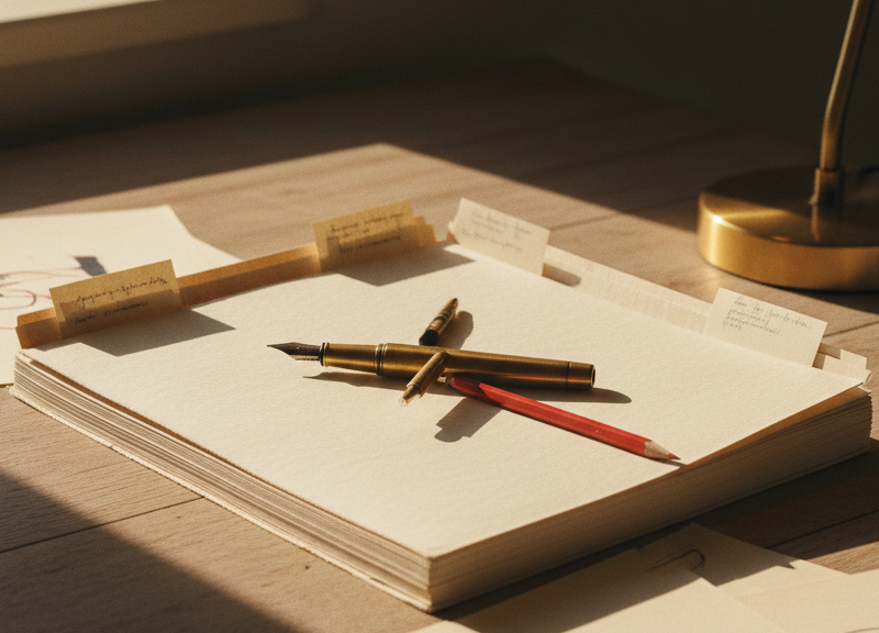 A thick dossier folder with layered paper tabs on a desk.