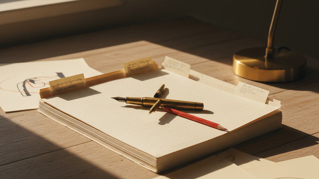 A thick dossier folder with layered paper tabs on a desk.