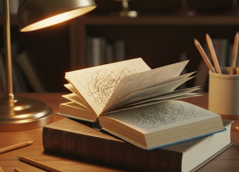 A student's swollen dog-eared paperback lying on top of a pristine untouched hardback on a teacher's desk.