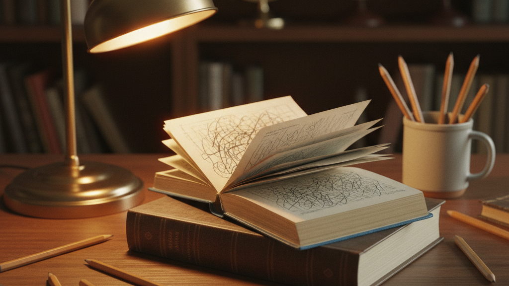 A student's swollen dog-eared paperback lying on top of a pristine untouched hardback on a teacher's desk.