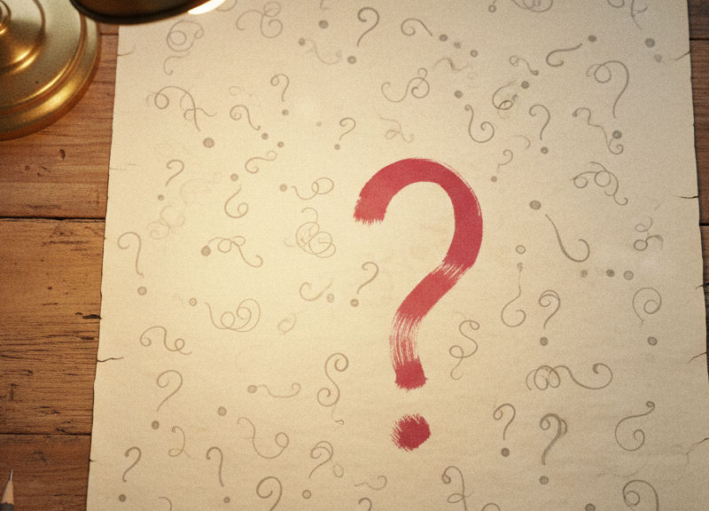 A sheet of ivory paper covered in small curling abstract pencil marks shaped like question hooks.
