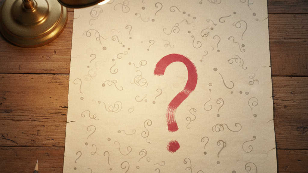 A sheet of ivory paper covered in small curling abstract pencil marks shaped like question hooks.
