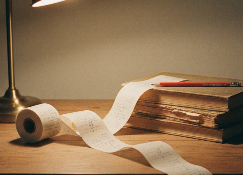 A paper receipt spool unspooling across a wooden desk and off the edge.