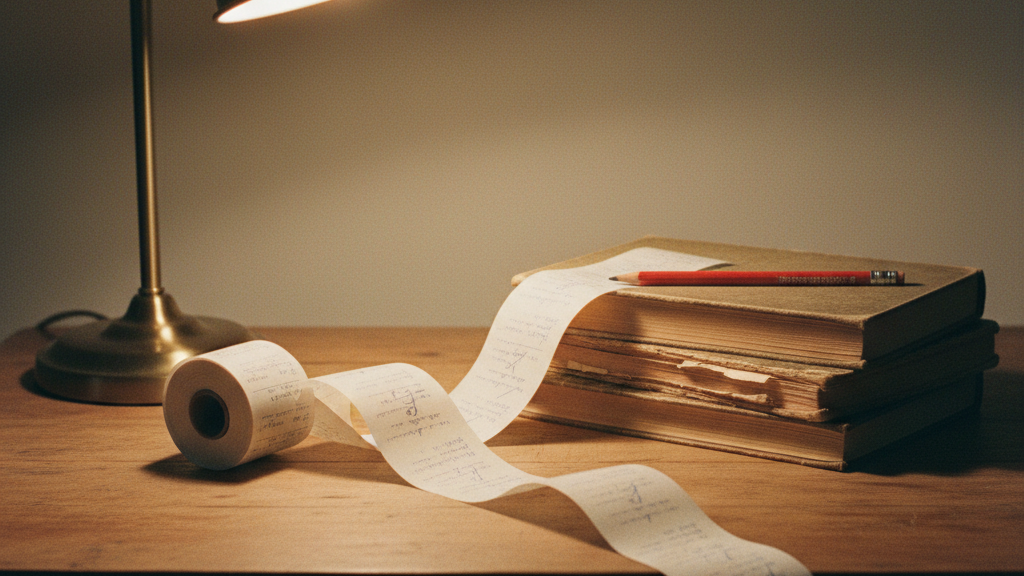 A paper receipt spool unspooling across a wooden desk and off the edge.