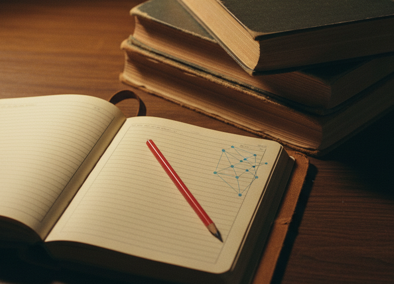 An open gradebook with a red pencil and a faint blue constellation forming in the margin.