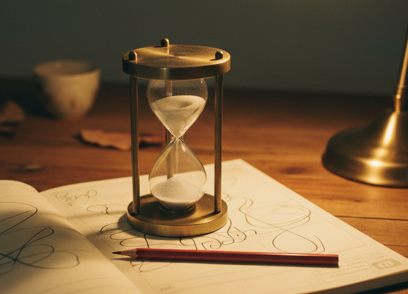 An hourglass with all its sand run out standing on an open weekly planner.