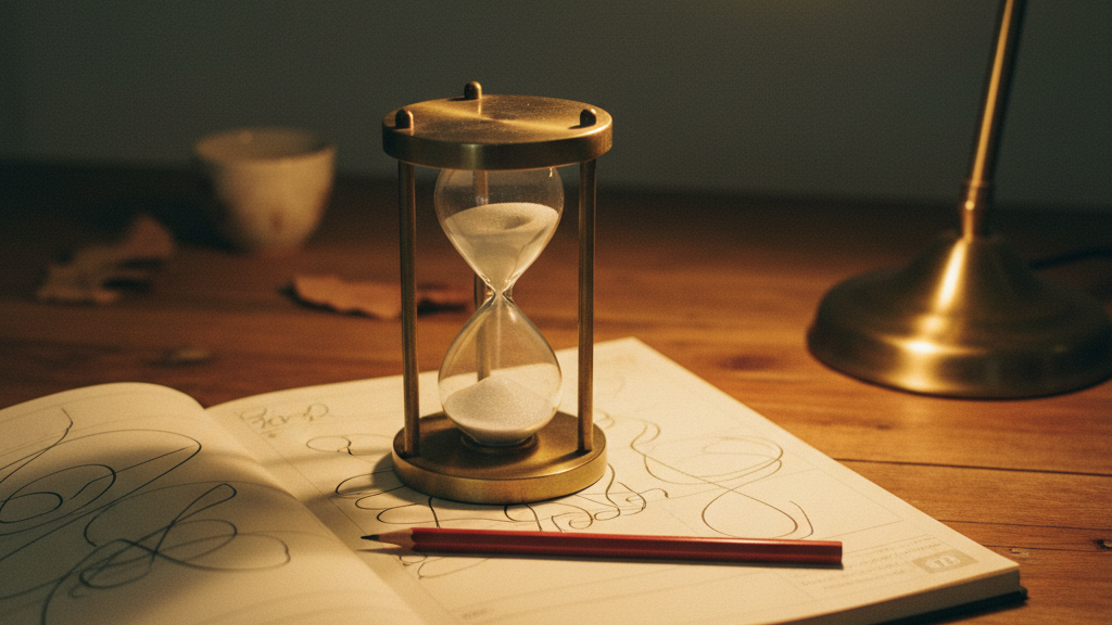 An hourglass with all its sand run out standing on an open weekly planner.